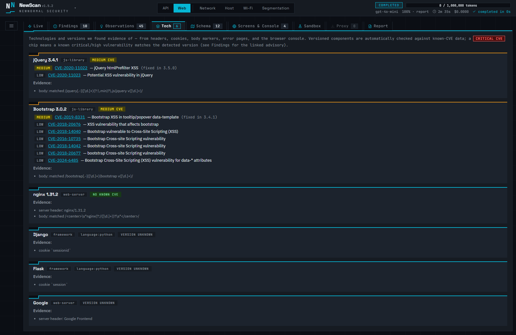 NewScan detected technology stack